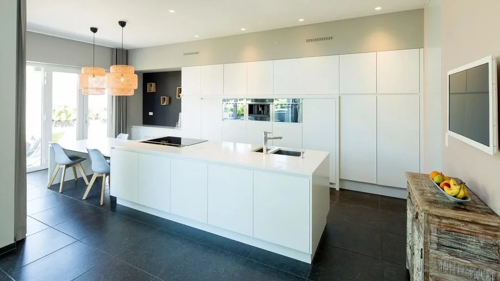 A clean, modern white kitchen